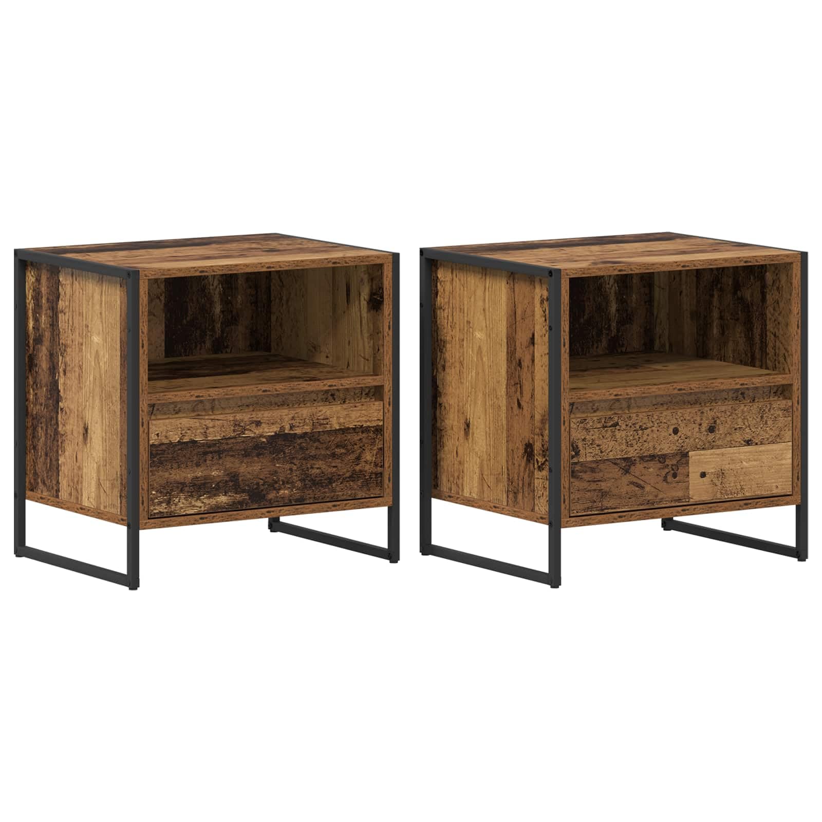 Table de Chevet Style Industriel avec 2 Tiroirs Bout de Canapé en Bois Vieilli et Métal