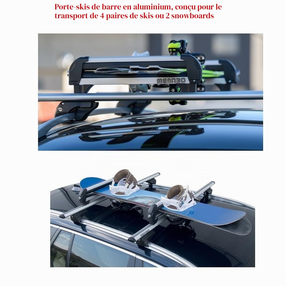 Compatible avec Tesla Porte-Ski pour Barres DE Toit DE Voiture Attaque Skis À Neige Iceberg 4 en Aluminium AGRÉÉ pour 4 Paires DE Skis OU 2 Porte-Snowboards Max 28KG