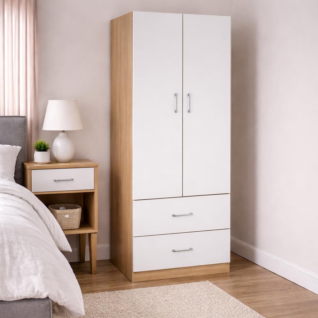 Armadio 2 Ante e 2 Cassetti - Struttura in Legno Truciolare, Guardaroba, Moderno, Asta Appendiabiti, con Maniglie, Spazioso, Organizzatore Vestiti - 80 x 52 x 190 cm (Bicolor)