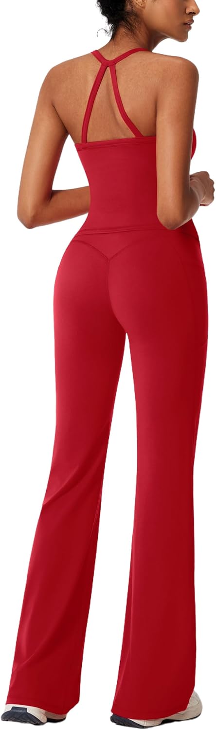 RXRXCOCO Cross Back Workout Sets for Women 2 Piece Padded Tank Tops Flare Leggings Gym Outfits with Pockets