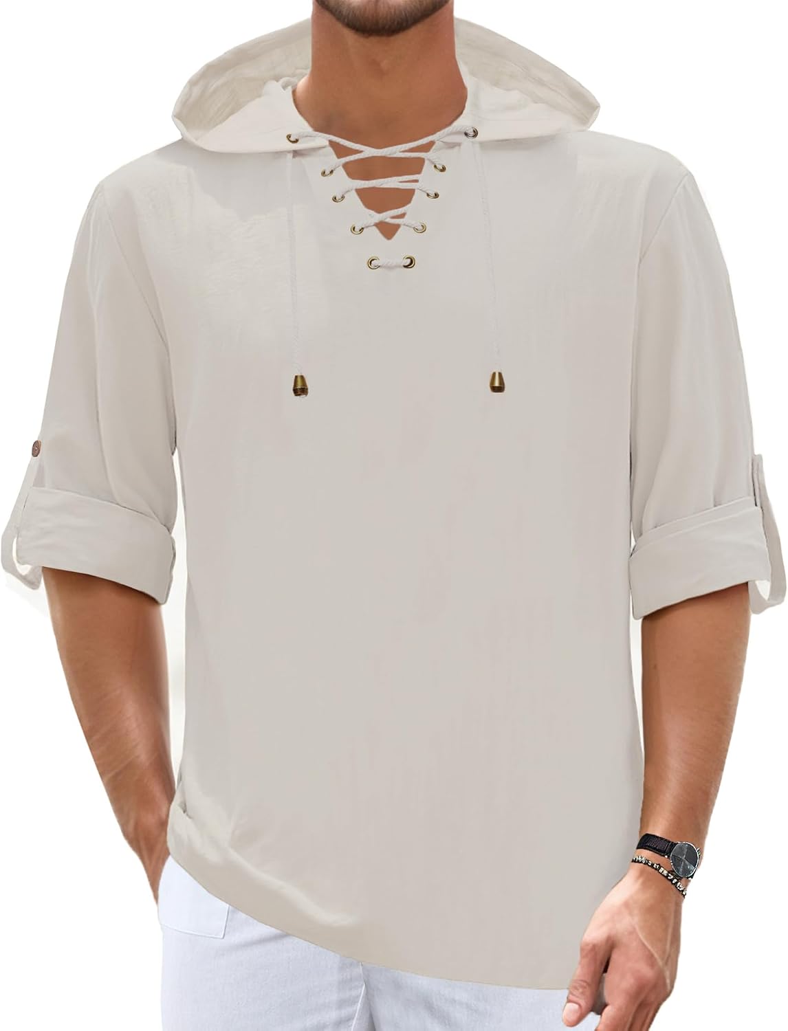 Mens Linen Shirts Long Roll-Up Sleeve Lace Up Summer Beach Top Hippie Renaissance Pirate Costume Tunic with Hood