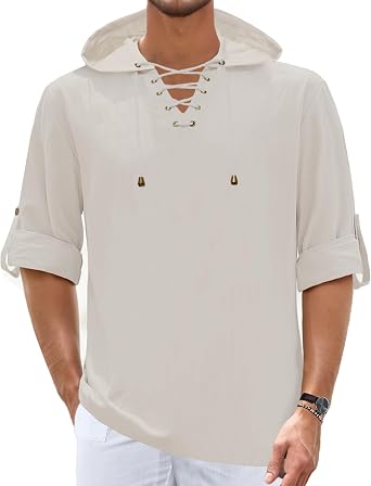 Mens Linen Shirts Long Roll-Up Sleeve Lace Up Summer Beach Top Hippie Renaissance Pirate Costume Tunic with Hood