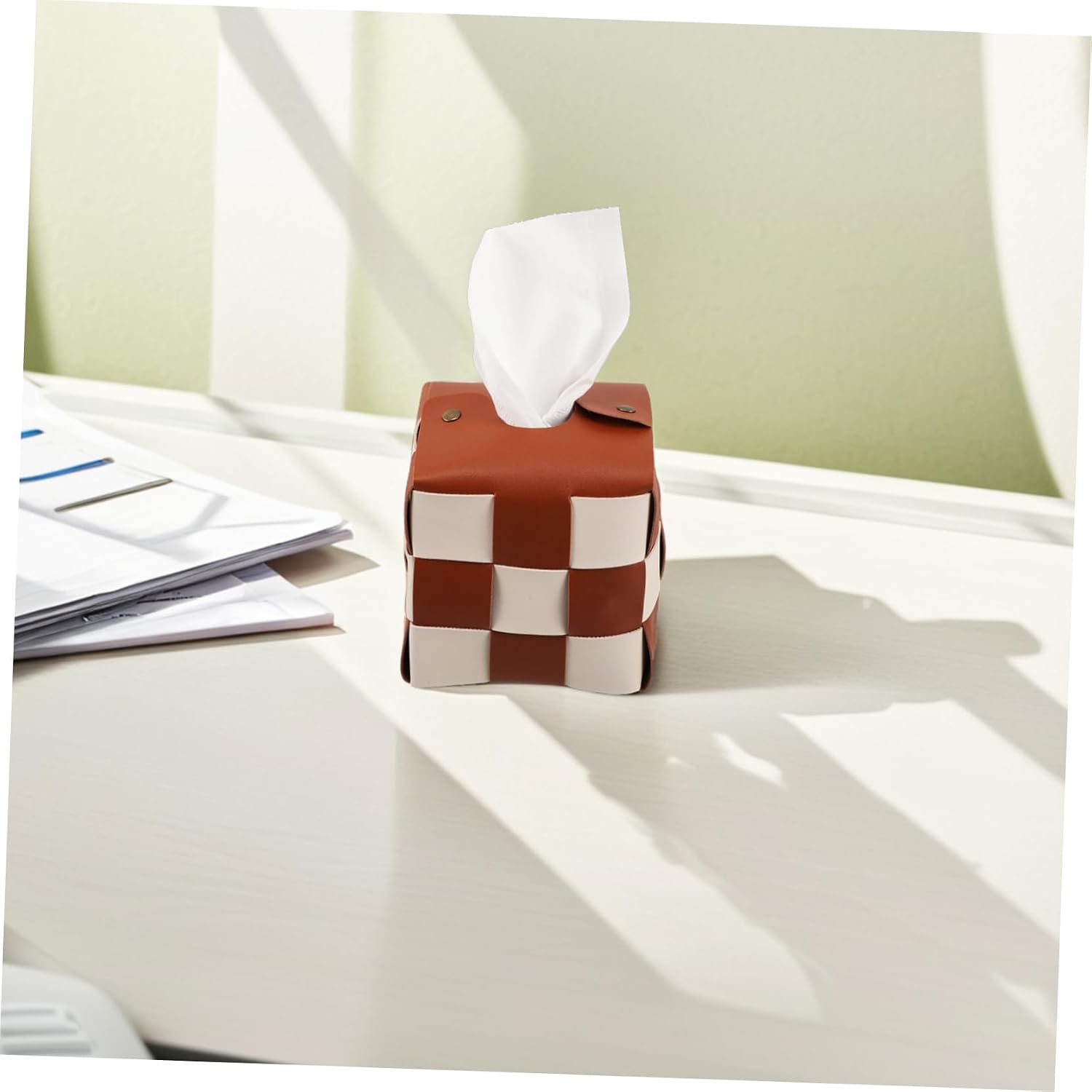 Artificial Leather Tissue Box Holder Stylish Plaid Tissue Cover for Home Office and Car Compact image 4