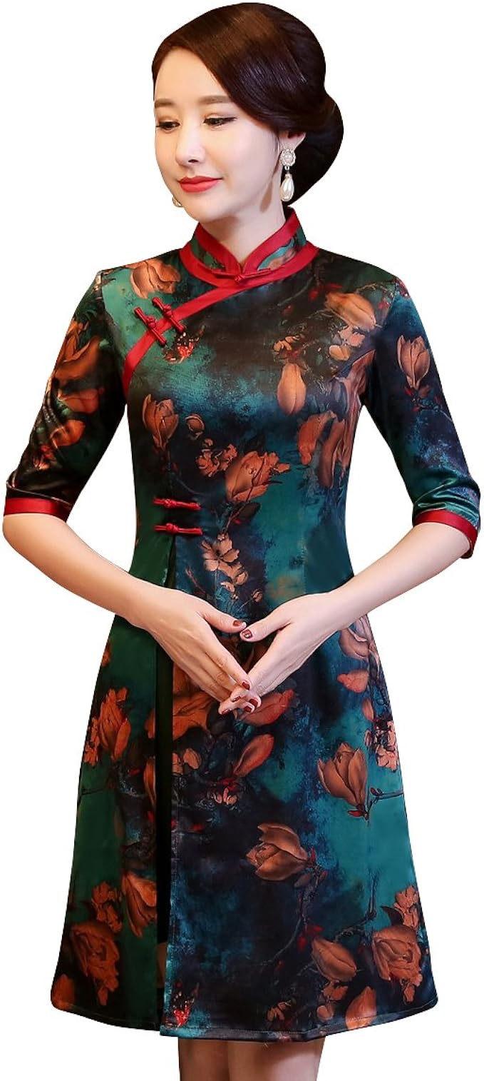 Amazon Co Jp チャイナドレス 花柄 ショート レディース 五分袖 スカート 膝丈 ドレス チャイナ服 ワンピース B5705 Xxxl 服 ファッション小物