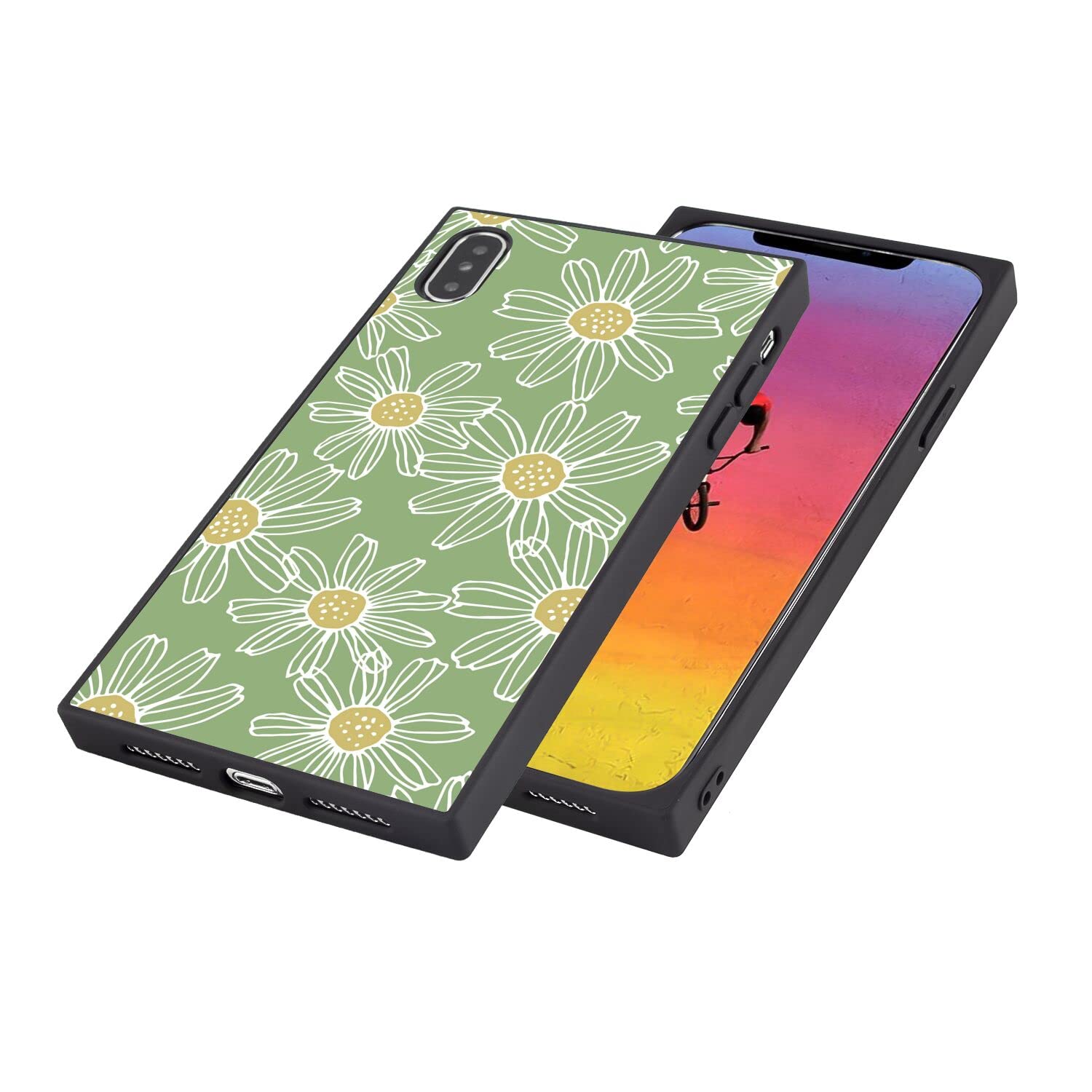 Square Phone Case iPhone XS Max Green Small Floral Anti-Shock Protective Flexible Premium Cover for iPhone XS Max
