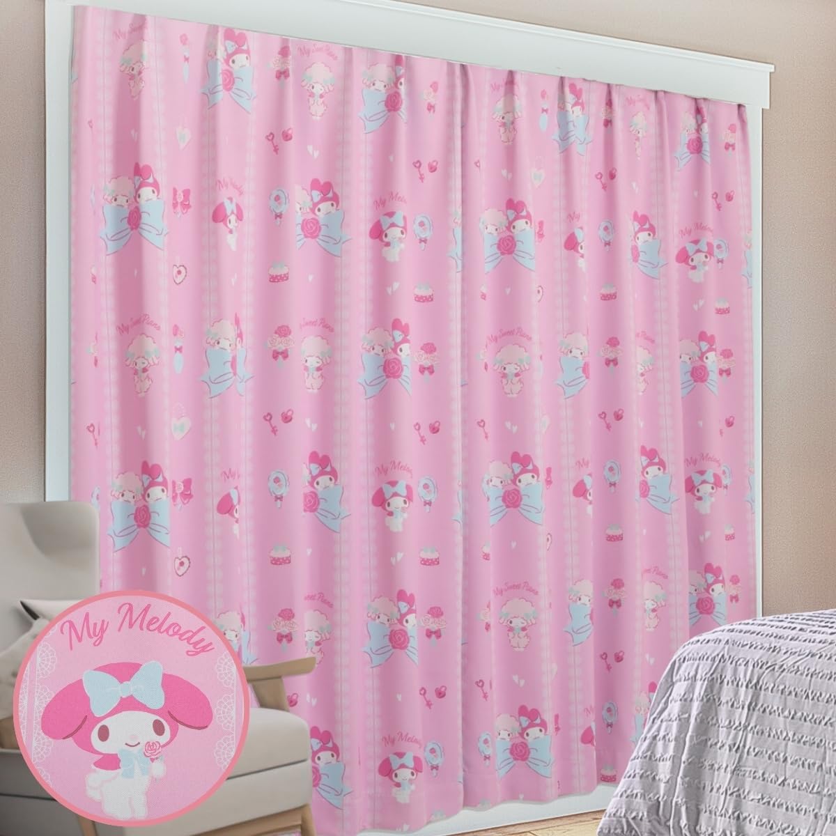 Sanrio SB-674-S My Melody & My Sweet Piano Blackout Thermal Shielding Curtain Width 39.4 x 70.1 inches (100 x 178 cm) Length 2 Piece Set of 2 Sanrio My Melo Washable Character