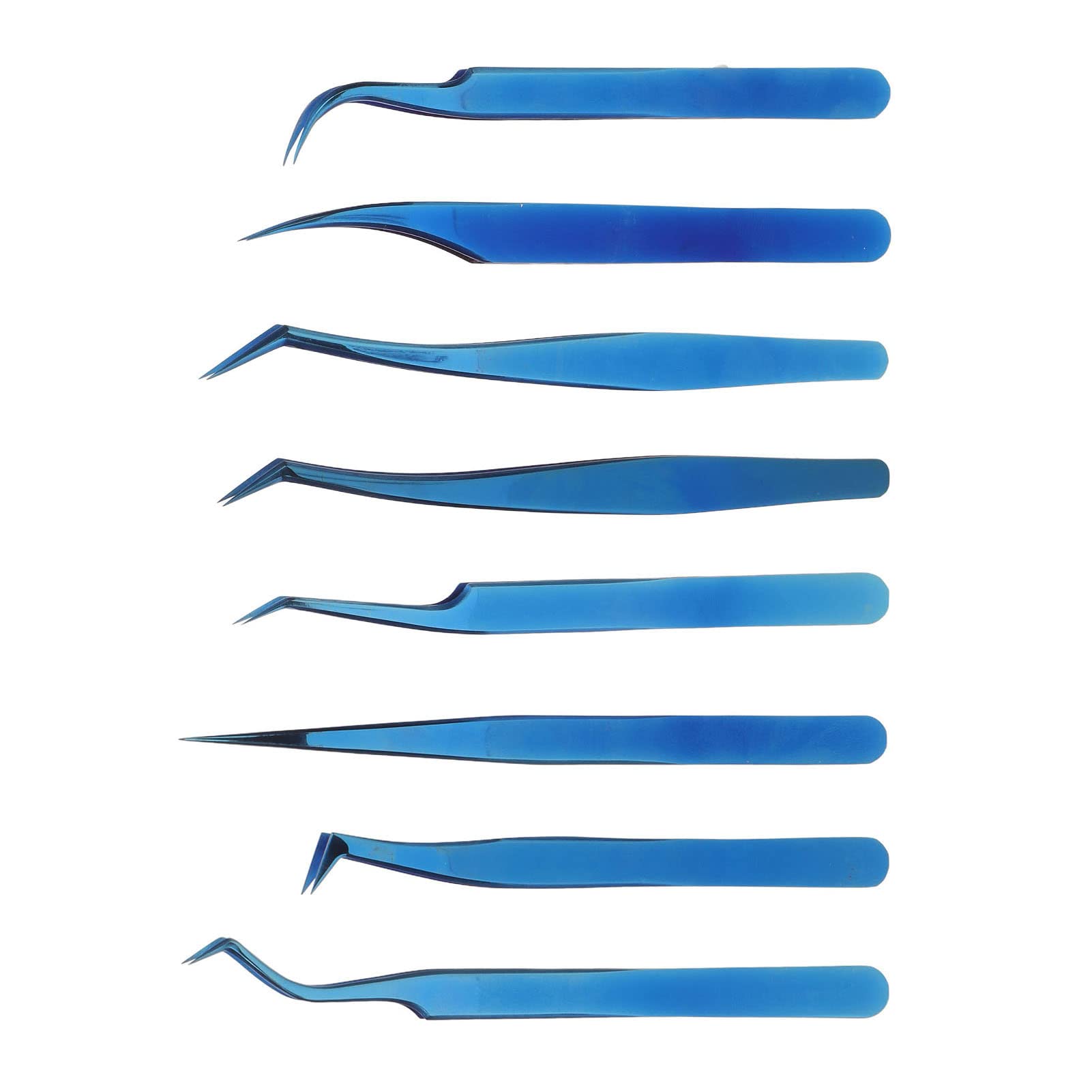 Juego de pinzas de extensión de pestañas, acero inoxidable profesional, titanio azul, 8 piezas, punta fina, diseño ergonómico para artistas de pestañas principiantes