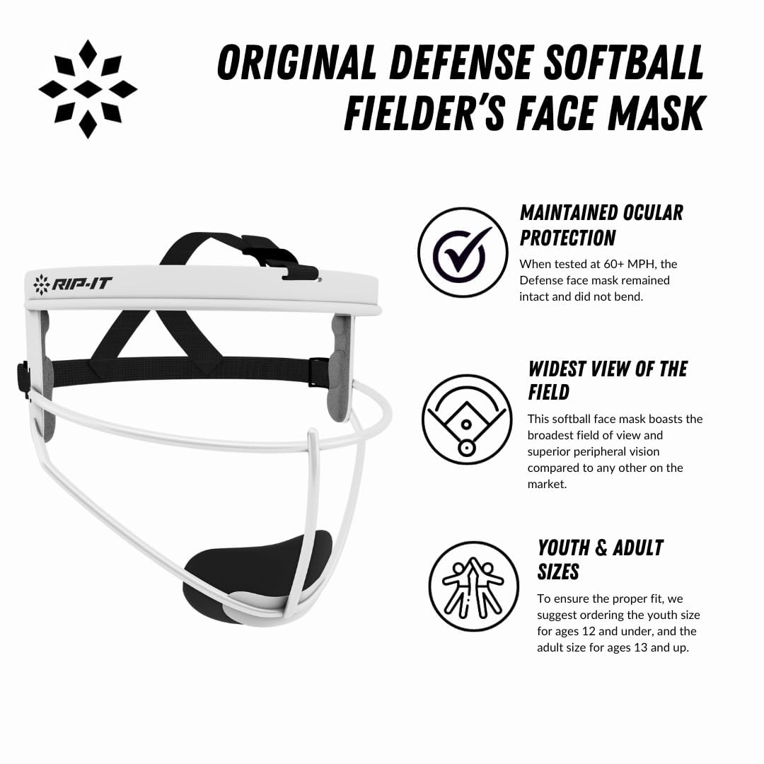 RIP-IT Defense Softball Fielder's Mask - Coupe légère et sûre pour Une Protection et Un Confort Maximum - Ne gêne Pas la Vue - Convient pour Les queues de Cheval