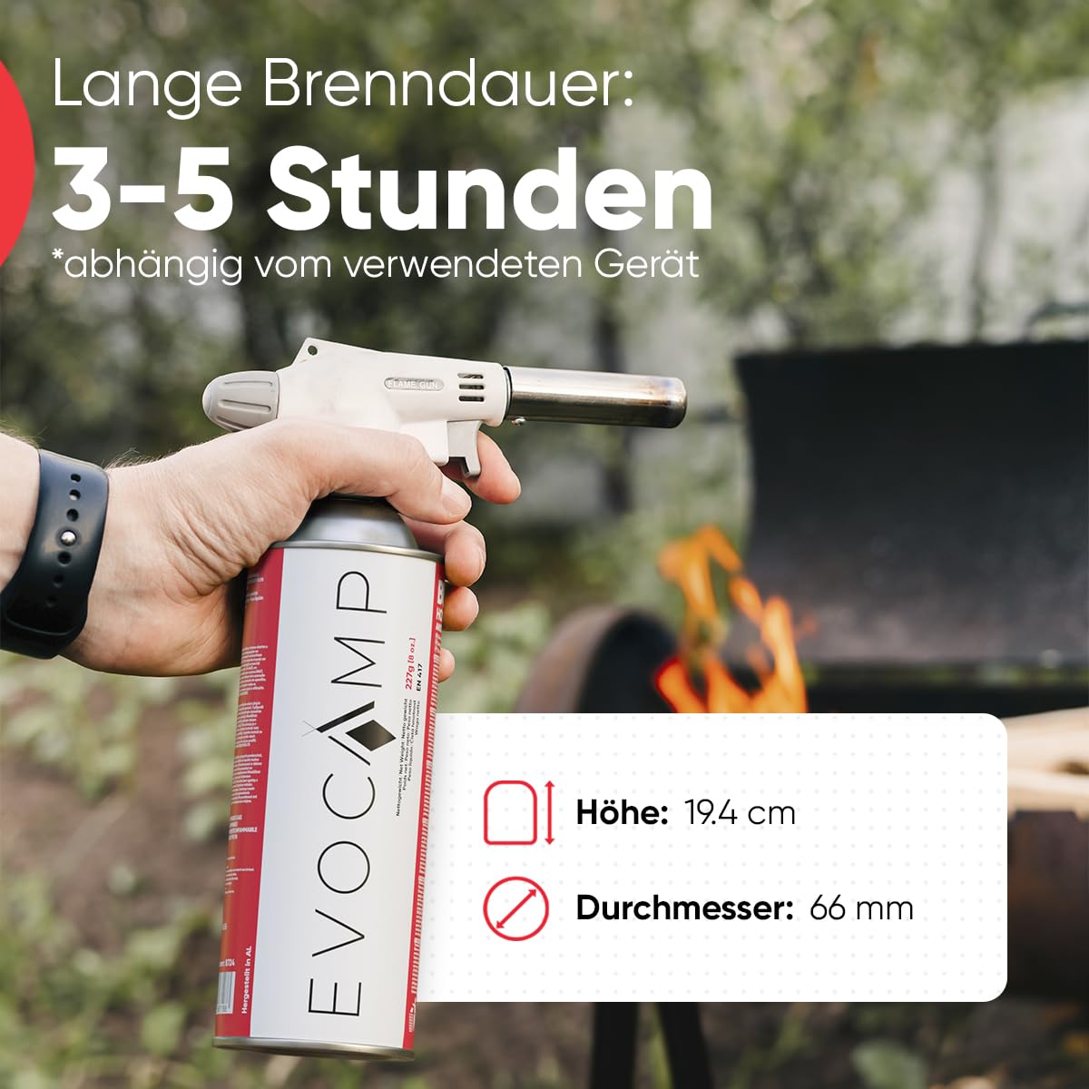 EVOCAMP 8x Stück Butan Gaskartuschen 227g Typ MSF-1a Bajonett Ventil ideal für Campingkocher, Gasheizung, Unkrautbrenner, Camping Gas Butangas Kartusche, Universaldruckgasdose für Camping und BBQ