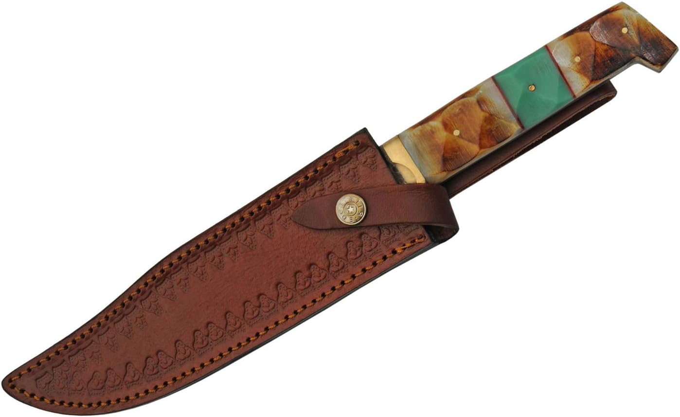 SANZ Damascus Bowie Knife 13 Inch - Camping Knife with Burnt Bone & Turquoise Handle, Full Tang Blade & Sheath - Pocket Knife for Hunting & Outdoor uses - Knives for Men