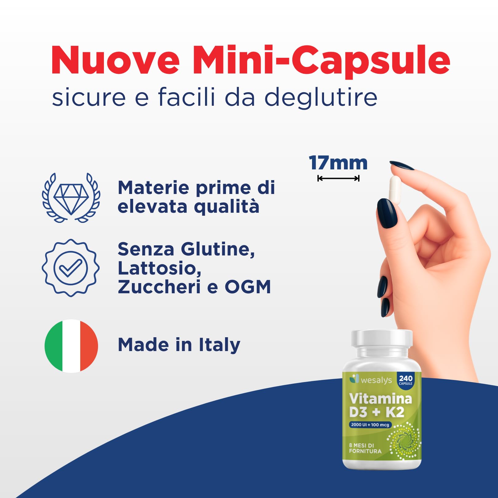 Vitamina D3 K2 240 Capsule (8 Mesi), Vitamin D3 2000 UI + 100 µg Vitamina K Menachinone. La Vitamina K Contribuisce al Mantenimento di Ossa Normali (EFSA). Vit Wesalys