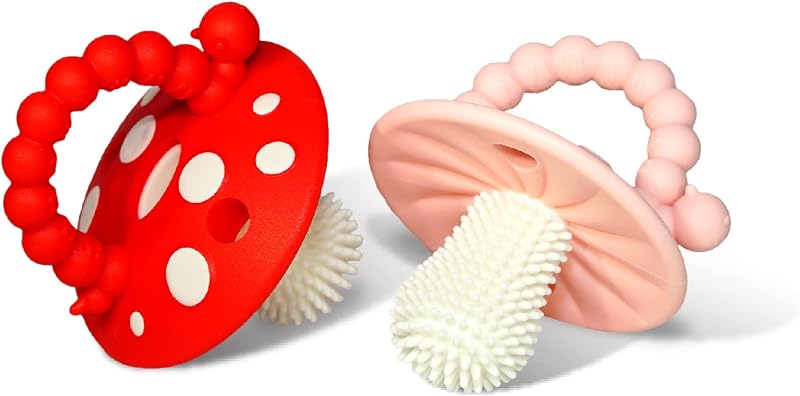 Mordedor de silicona suave para bebés y bebés 3M+, juguete con cerdas de masaje, chupete para aliviar la dentición, alivia el dolor de encías, manos libres y fácil de sostener, sin BPA (rojo/rosa)
