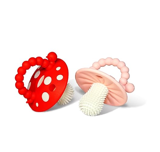 RaZbaby Soft Silicone Infant & Baby 3M+ Teether Toy Massaging Bristles Teething Relief Pacifier - Soothes Sore Gums - Hands-Free & Easy-to-Hold Chompy Teether, BPA Free (RED/Pink) - RED/PINK
