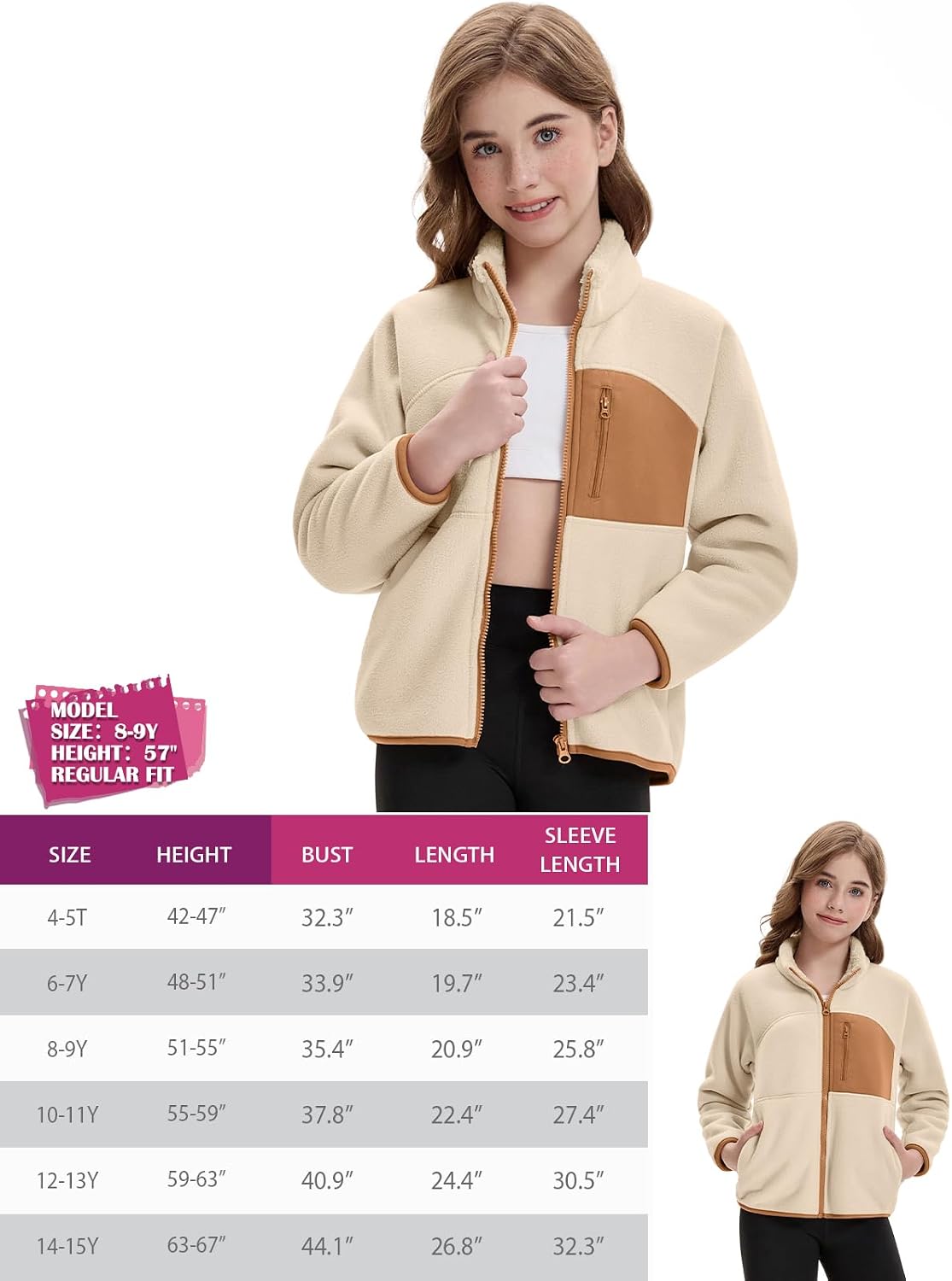 Jxstar Girls Full Zip Fleece Jacket Color Block Warm Outerwear Coat