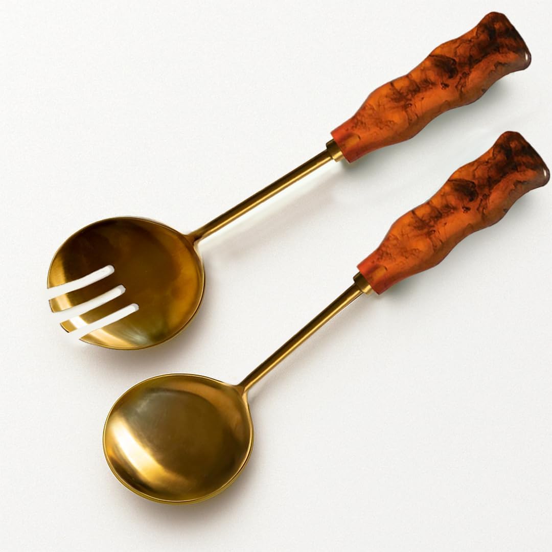 Folkulture Pinzas de ensalada de metal con resina para servir o servir cucharas, pinzas para servir pasta, frutas o ensaladas, tenedores de ensalada de acero inoxidable (marrón dorado, 12 x 3 pulgadas