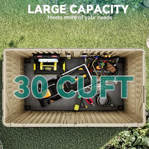 Image of YITAHOME Outdoor Storage Shed w /o Shelf, 30 cu ft Horizontal Storage Shed Outdoor, Resin Waterproof Storage Cabinet for Garage, Poolside, Bikes, and Garden (Khaki + Black)
