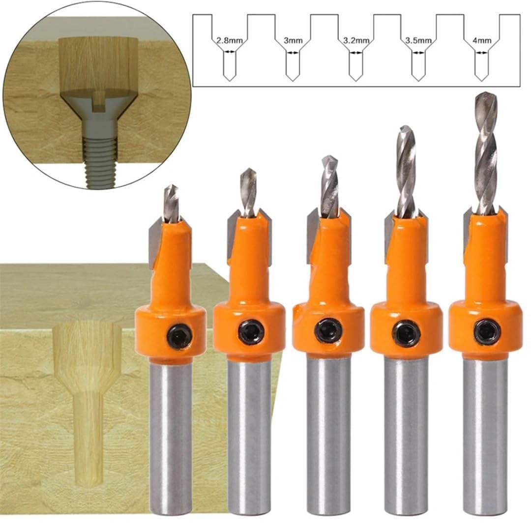 Countersink Drill Bit Set 5PCS, 8mm Carbide Tip Round Shank, HSS Tapered Woodworking Drill Bits for Screw Counter Sinking and Carpentry