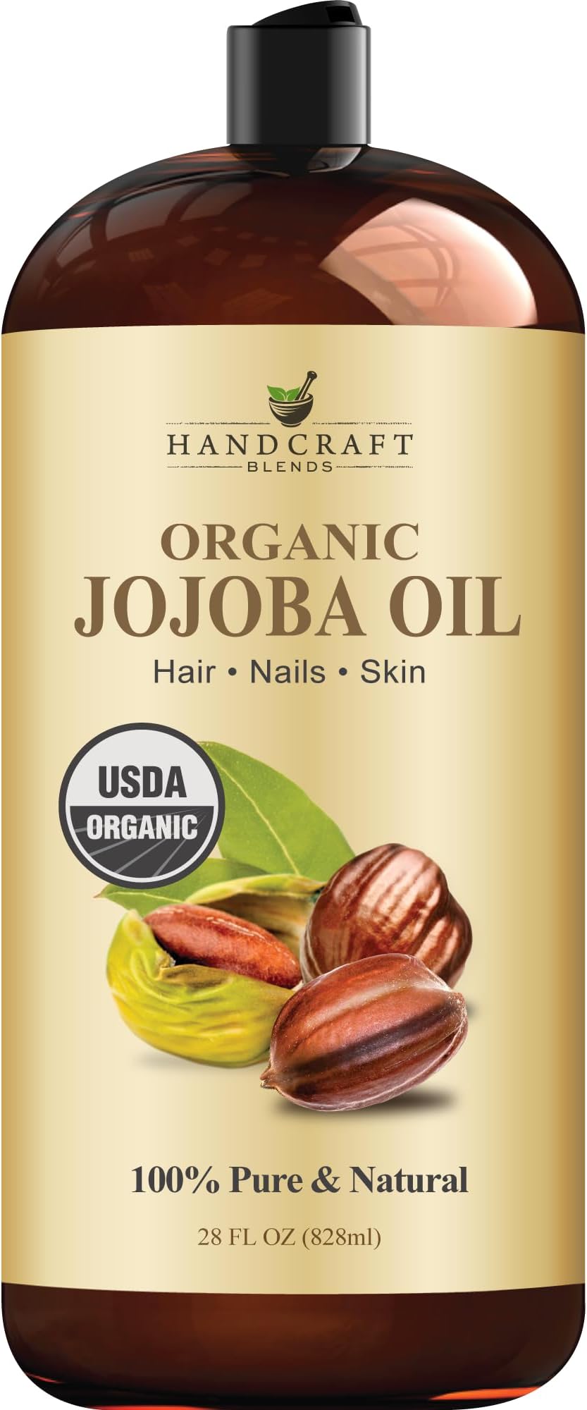 Handcraft Blends USDA Organic Jojoba Oil | Cold-Pressed | 28 Fl Oz | 100% Pure & Natural | for Hair, Skin & Face | Premium Grade Carrier Oil | for Massage & Aromatherapy | Hexane-Free