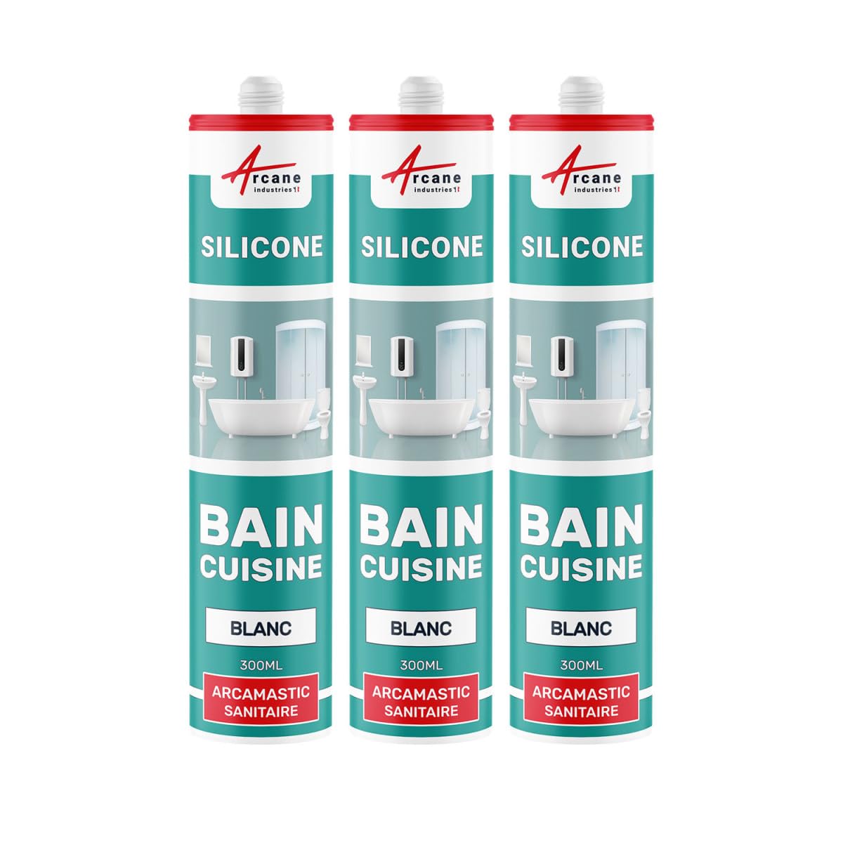 Joint silicone, douche, baignoire, sanitaire, sdb - 300 ml x 3 Blanc - ARCANE INDUSTRIES