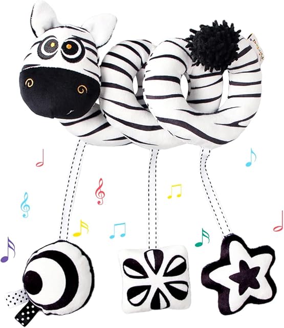 vocheer Hanging Toy Car seat Crib Move, Animal Circle Plush Toy Proller Black and White Squeak Animal Toy Travel Activity Hanging Wind Chimes 0-6 Months (Zebra)