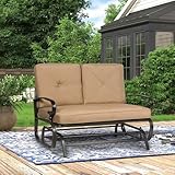 Brightpeak Outdoor Bench Patio Swing Glider Loveseat 2 Seats Rocking Chair, Wrought Iron Gliders for Outside Patio with Cushion (Brown)