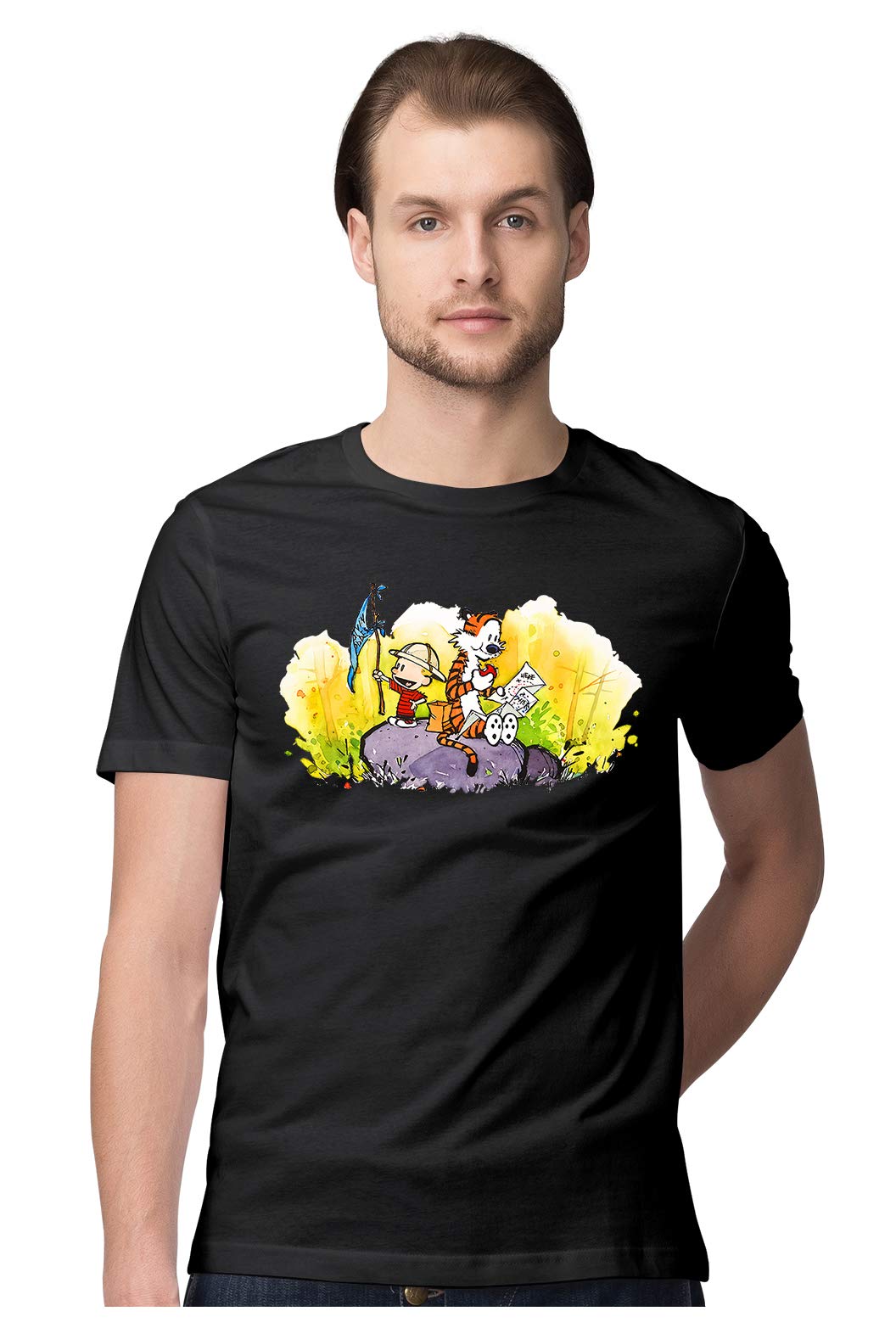 WallabyMen's Regular Fit Calvin & Hobbes Treasure Hunting Splash Art Style 100% Cotton T-Shirt