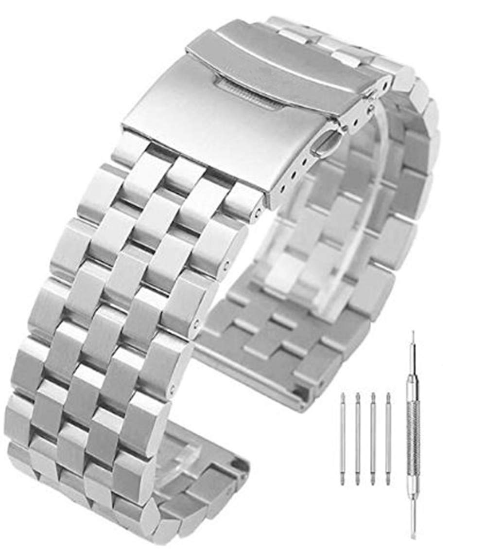 JY Brushed Stainless Steel Watch Band Strap 18mm/20mm/22mm/24mm/26mm Metal Replacement Bracelet with Double-Lock Deployment Clasp for Men Women in Black Silver (18mm, Silver)