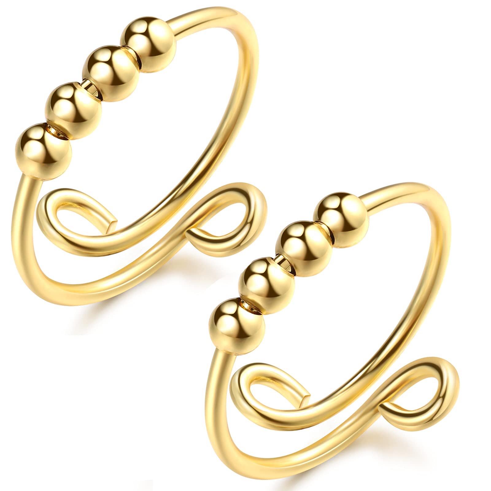 2 Stück Angstringe mit Perlen Fidget Ringe für Angst für Frauen Fidget Spinner Ringe Sorgen Angst Perlen Ringe für Männer 4 Goldperlen Ringe