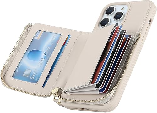 Miniatura 6 de Funda para iPhone 14 Pro Max con tarjetero con cremallera para mujer, iPhone 14 Pro Max, cartera con tarjeta de crédito con anillo y soporte de