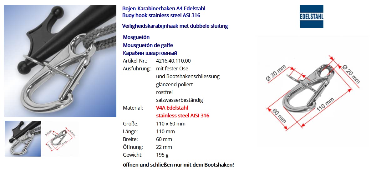 Bojen-Karabinerhaken A4 Edelstahl