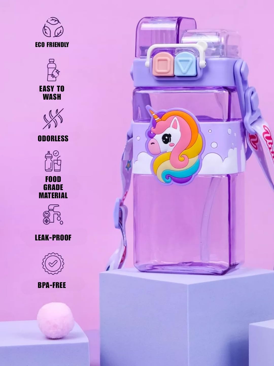 PLUSPOINT Unicorn Water Bottle for Kids with Carry Strap to Hang Double drinking Caps Sipper Bottle with Straw & Wide Mouth Leakproof, BPA Free Tritan Water Bottle for School Kids 520ML (Purple)