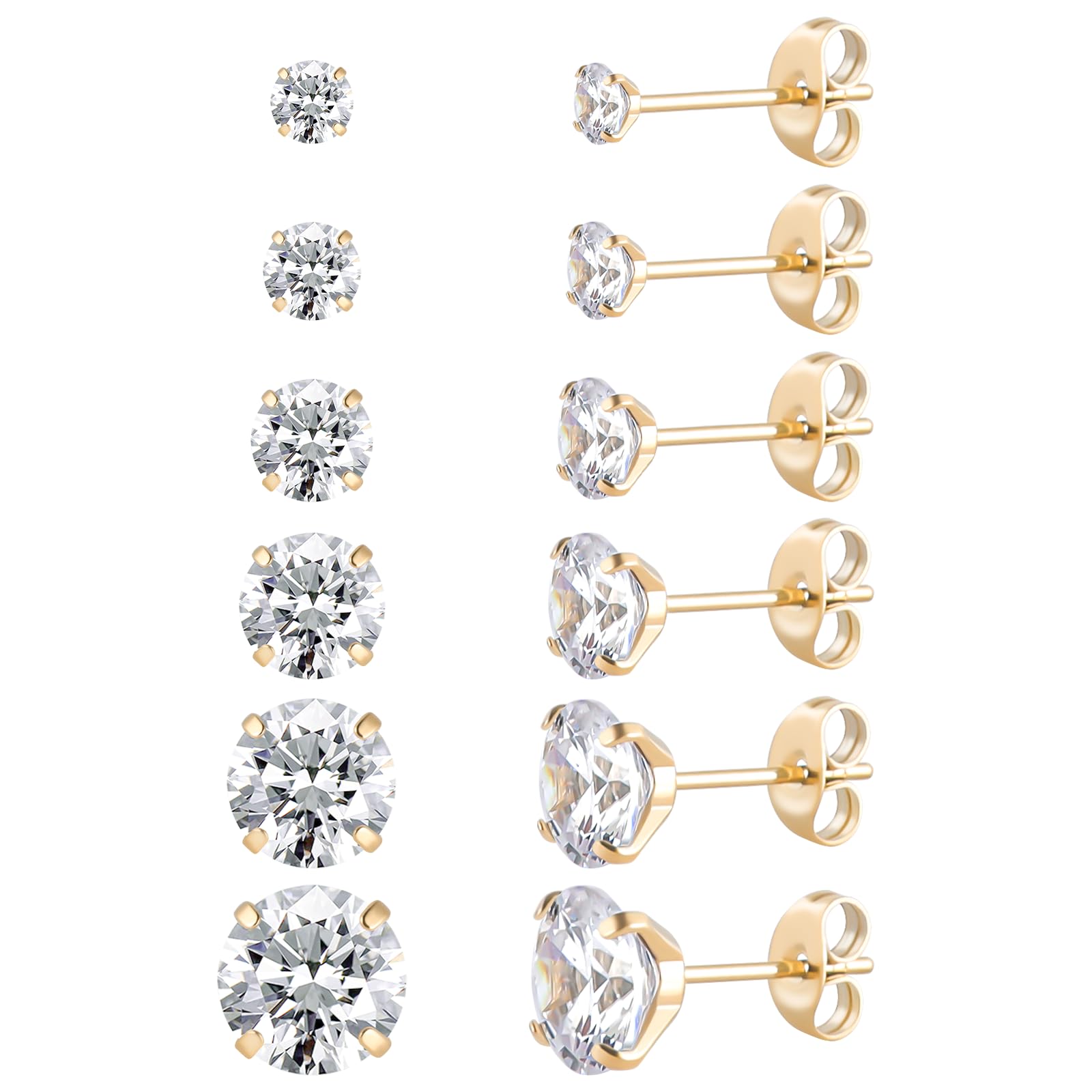6 Pairs Surgical Stainless Steel Screw back Stud Earrings, 18K Gold Plated Heart Star Square Princess Cut Round Cubic Zirconia CZ Stud Earrings Set