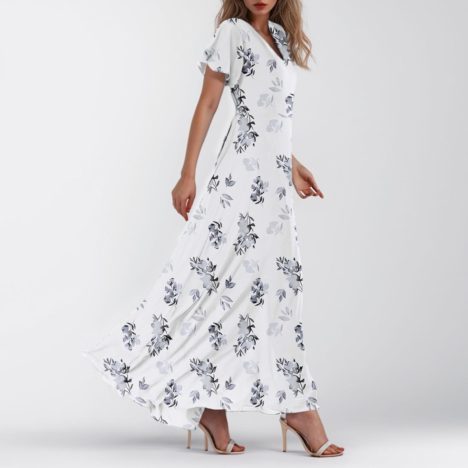 Boho Dresses For Women,2025 Spring Summer Elegant Trendy Floral Print Beach Dress,Romantic Flowy Ruched Vacation Dress,Casual V Neck Short Sleeve Chiffon Maxi Dress Hawaiian Dress(D-White,XL)