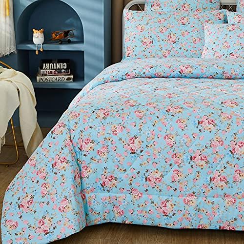 FADFAY Rose Floral Comforter Set King Farmhouse Blue Floral Summer Quilt 100% Cotton Fabric & Soft Microfiber Inner Fill Bedding Lightweight All Season Down Alternative Shabby Duvet Sets 3Pcs, King