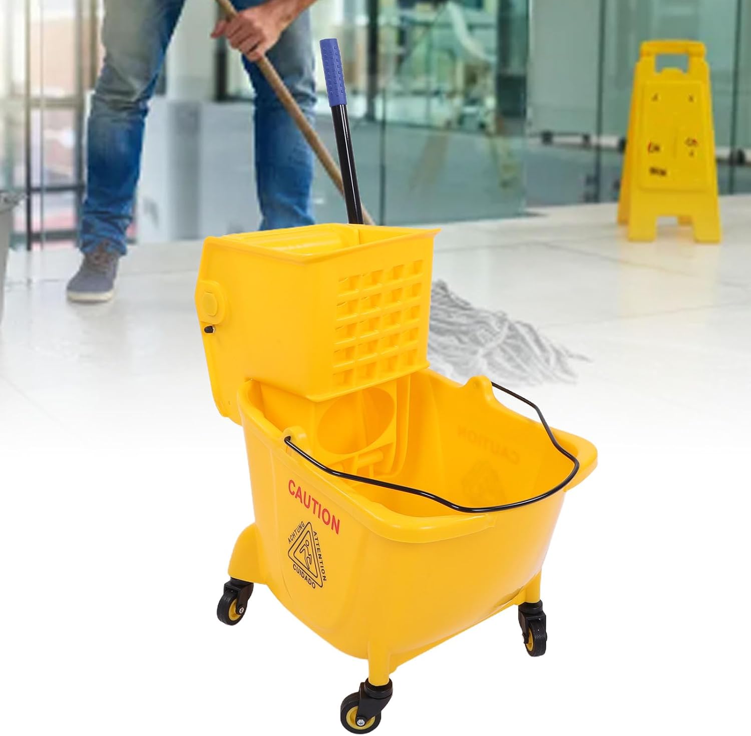 Fockety Commercial Mop Bucket, Rectangular Side Press Wringer on Wheels, 24L Yellow Heavy Duty Cleaning Cart Mop Wringer with 360 Rotating Casters for Restaurant Office Industrial Use