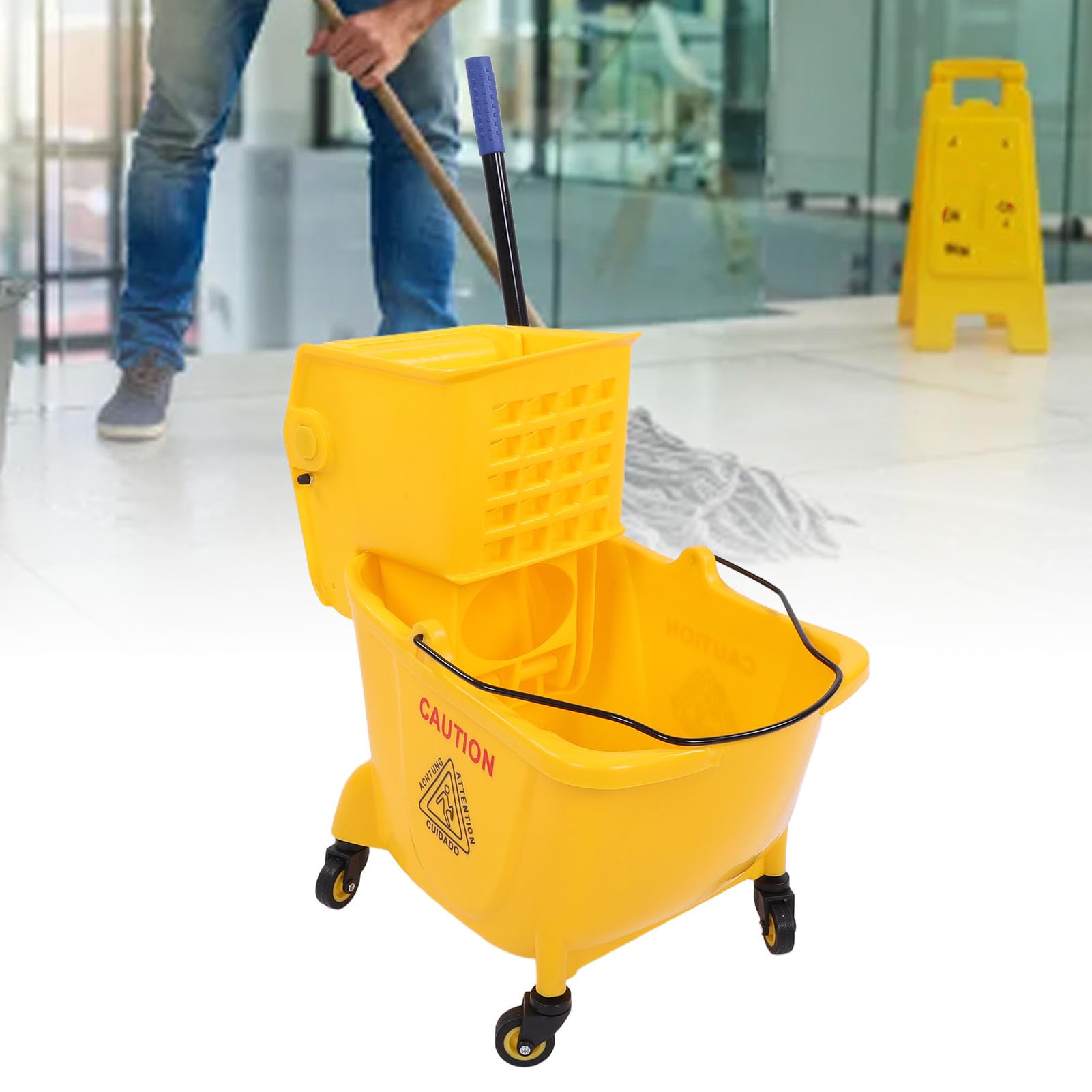 Cubo para Fregona, Carro de Limpieza Comercial Resistente de 24 litros con Escurridor Lateral, Juego de Fregona y Cubo con Ruedas Giratorias 360 para Uso Industrial en Restaurantes y Oficinas