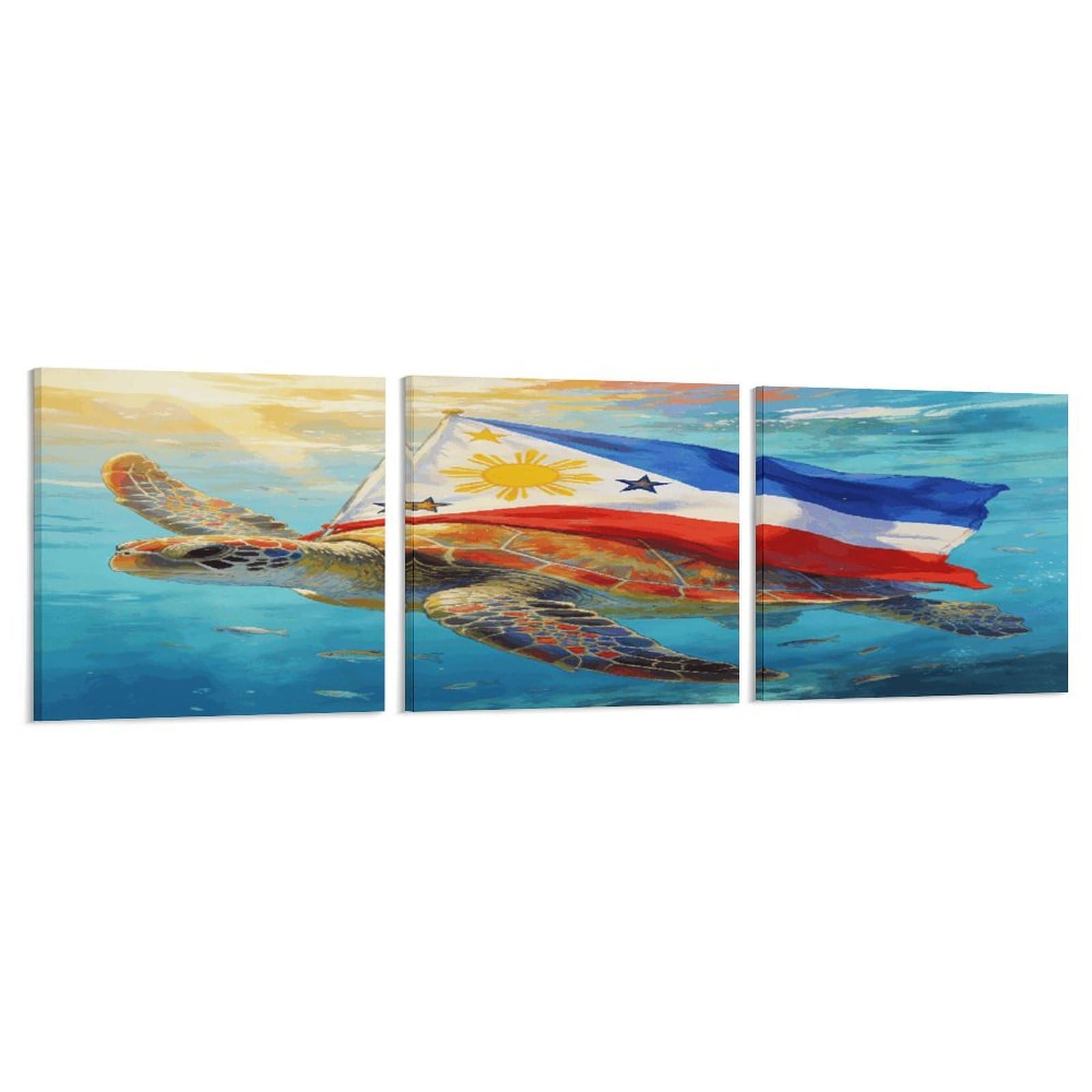 Khauerbc Style Set Of 3 Colorful Sea Turtle And National Flag Wall Art，Paintings Artwork For Living Room, Hallway, Bedroom, Office Wall Decor For Living Room, Hallway, Bedroom, Office Paintings Artwork 8X8 Inch
