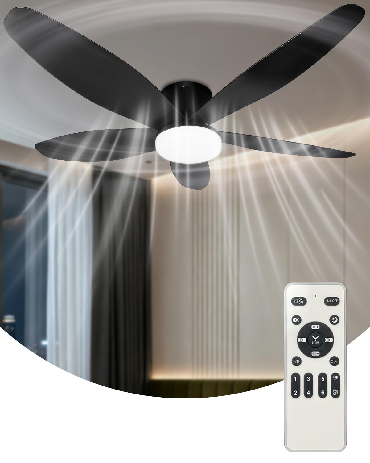 FYLXURO 106cm Ceiling Fans with Lights and Remote, 42'' Dimmable LED Ceiling Fan Light, 6 Speeds Reversible Quiet Low Profile Modern Fan, 3000K-6500K & Timer for Bedroom, Living Room (Black 5-Blade)