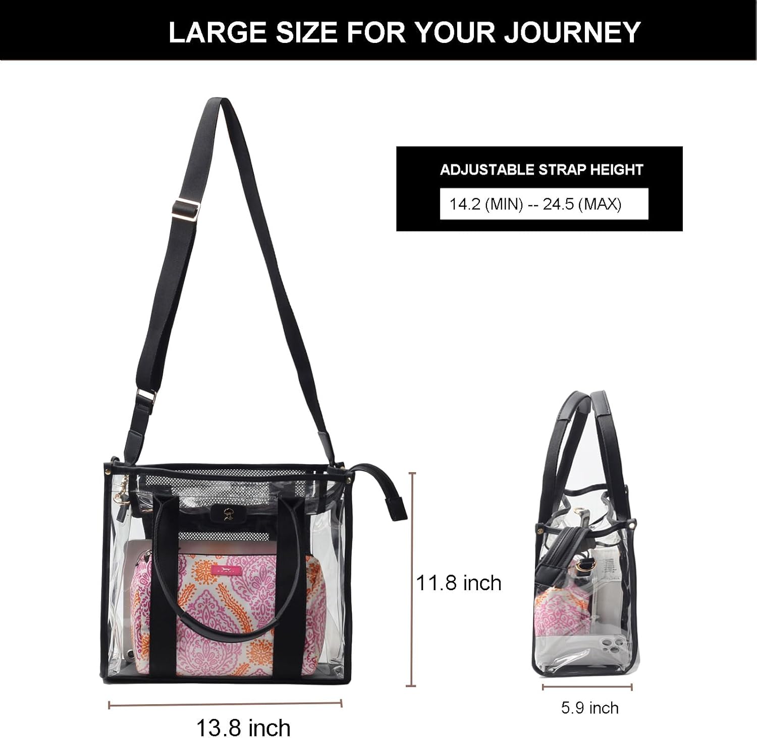 Large Clear Tote Bag Stadium Approved for Stadium Events Transparent Shoulder crossbody Handbag with Adjustable Strap | Large, Stadium Approved, Stadium Events, Adjustable Strap - Image 3