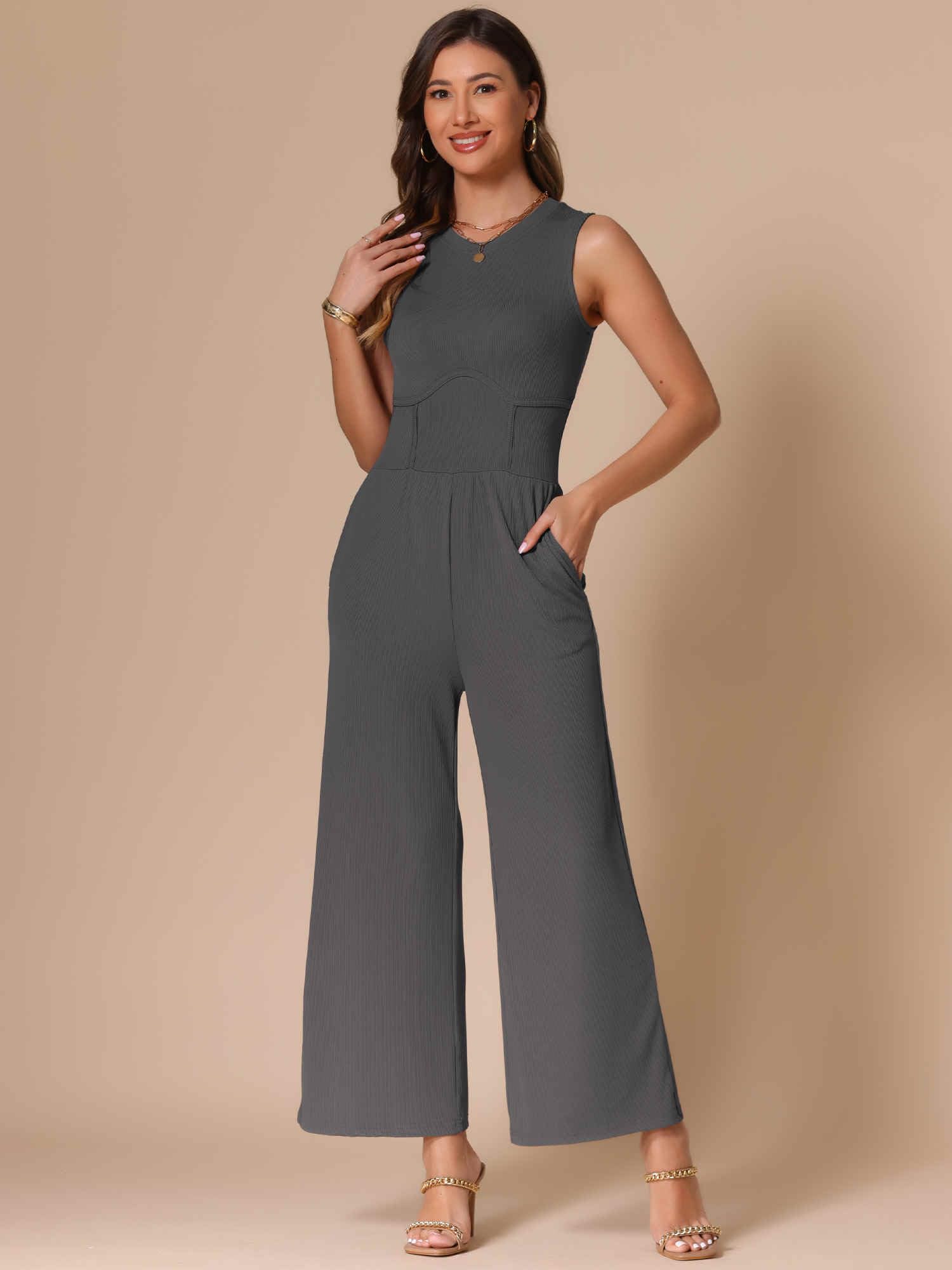 Allegra K Mono de verano para mujer, elegante, casual, sin mangas, cuello redondo, pantalones de pierna ancha