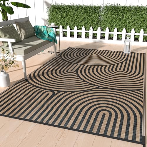 Image of GENIMO 5'x8' Outdoor Rug for Patio Waterproof, Reversible Plastic Straw Rug, Geometric Area Rug Outside Carpet, Camping Mats for Rv, Backyard, Deck, Balcony, Porch, Beach Black&Brown