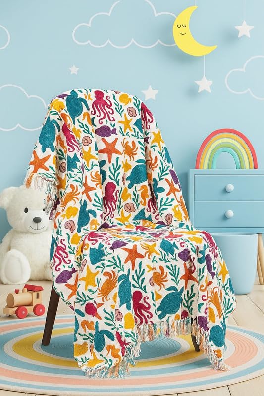 Image of Premium Cotton Sea Creature Printed Throw Blanket for Kids Room | 50x60 Inches Multicolor Design Throw for Sofa, Chairs, Bedroom & Home | Skin-Friendly & Lightweight