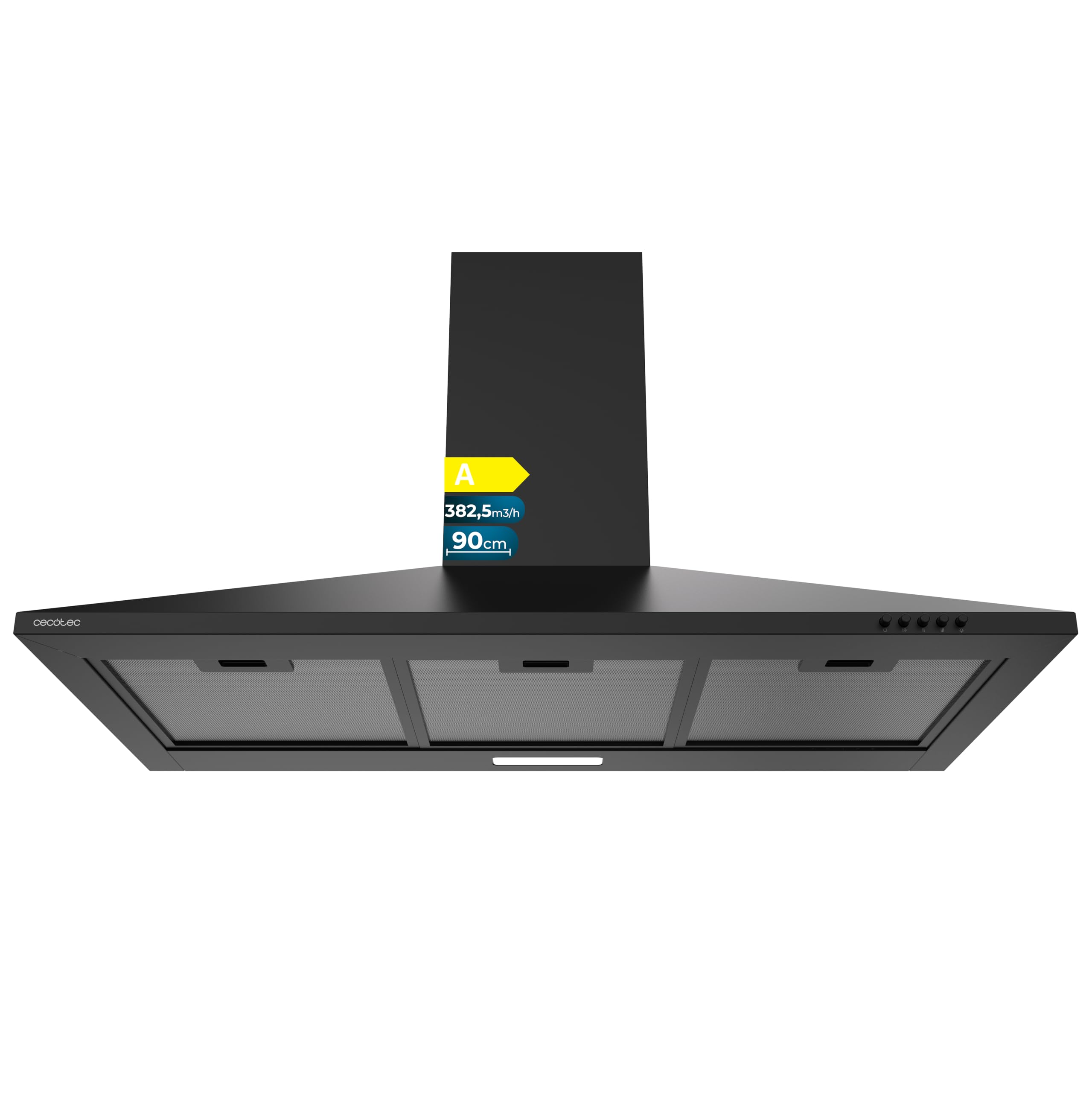 Cecotec Hotte Aspirante Pyramidale 90 cm Bolero Flux PM 904000 Black A. Finition Peinte Noire, Aspiration 382,5 m³/h, 3 Vitesses, Filtres à Charbon Inclus, Classe A, Moteur BLDC et Lumière LED - 1