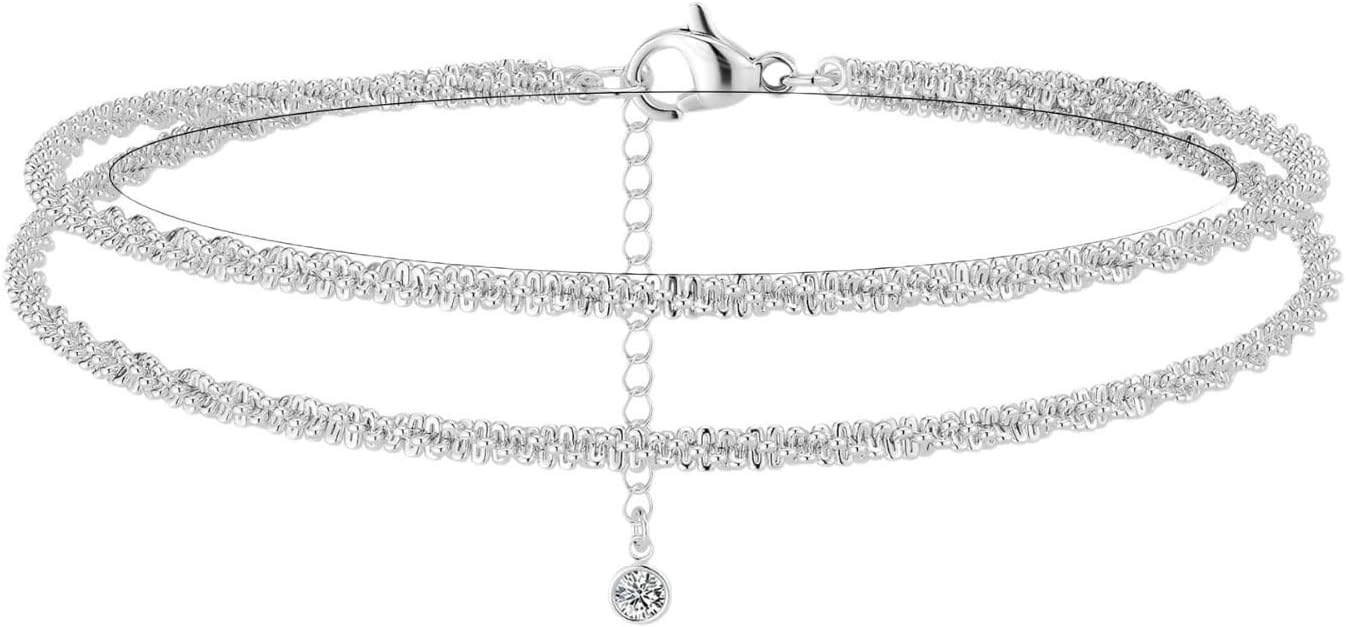 BVB Silver Anklets for Women Waterproof, Summer Gifts for Woman Family, Sparkly Rhinestone Ankle Bracelets Set, Stackable Layered Anklets for Women Beach Jewelry