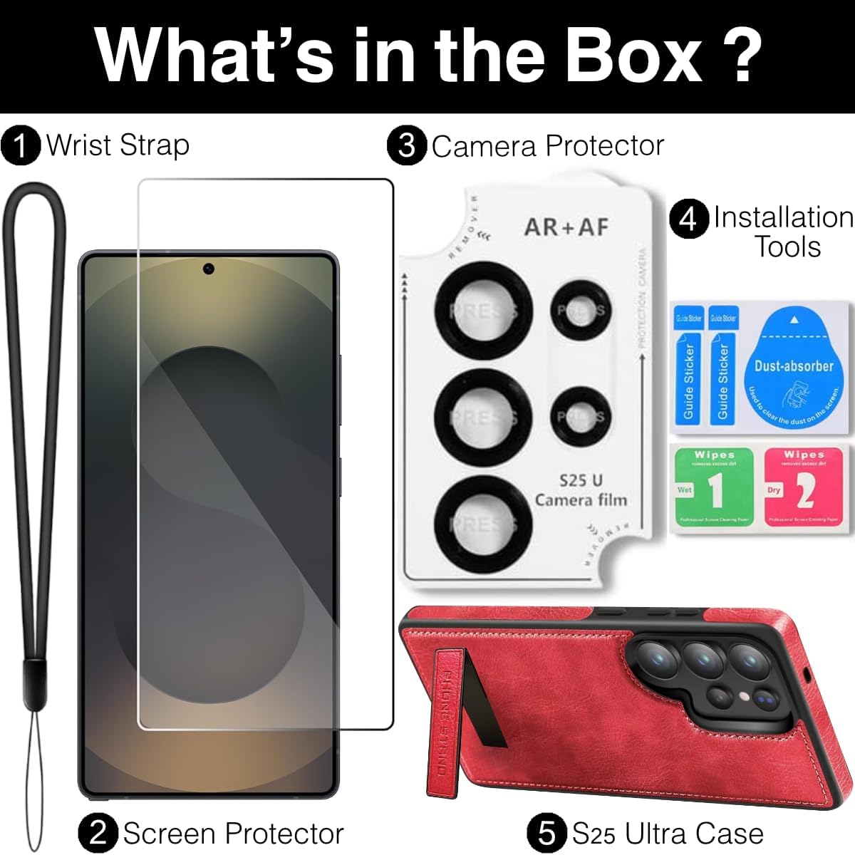 Compatible with Samsung Galaxy S25 Ultra Leather Case, Built-in Invisible Stand Slim Kickstand Case, with Camera Lens and Screen Protector (Red)