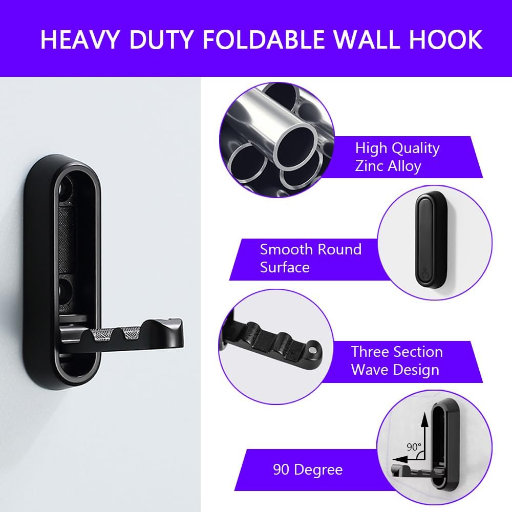 Foldable Wall Hooks 2 Pcs Coat Hooks Heavy Duty Hooks for Hanging Coat Towels Clothes Robe Hat Bags Keys - Black