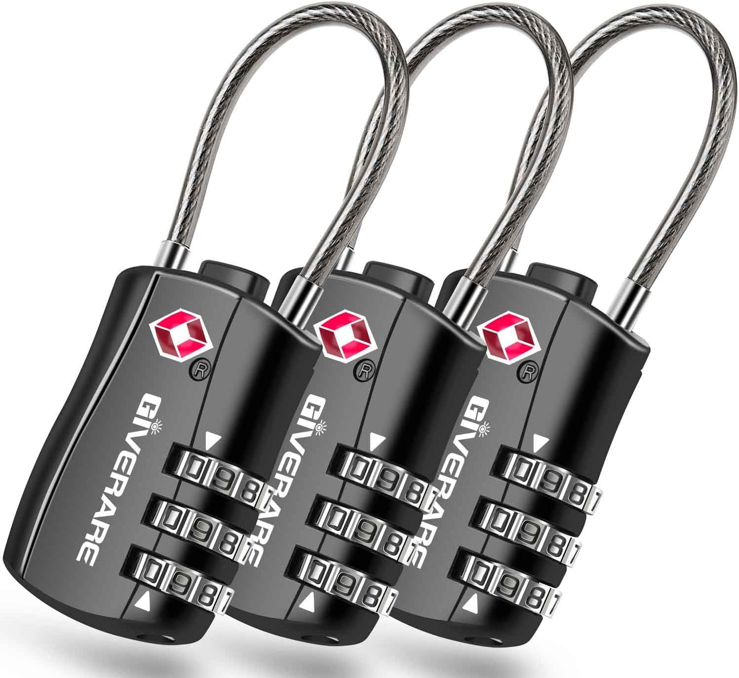 3 Pack TSA Approved Luggage Locks, Combination Travel Cable Padlocks, Re-settable 3-Digit Lock, Weatherproof Keyless Padlock for Gym Locker, Golf Bag Case, Backpack, Gate, Hasp-Black