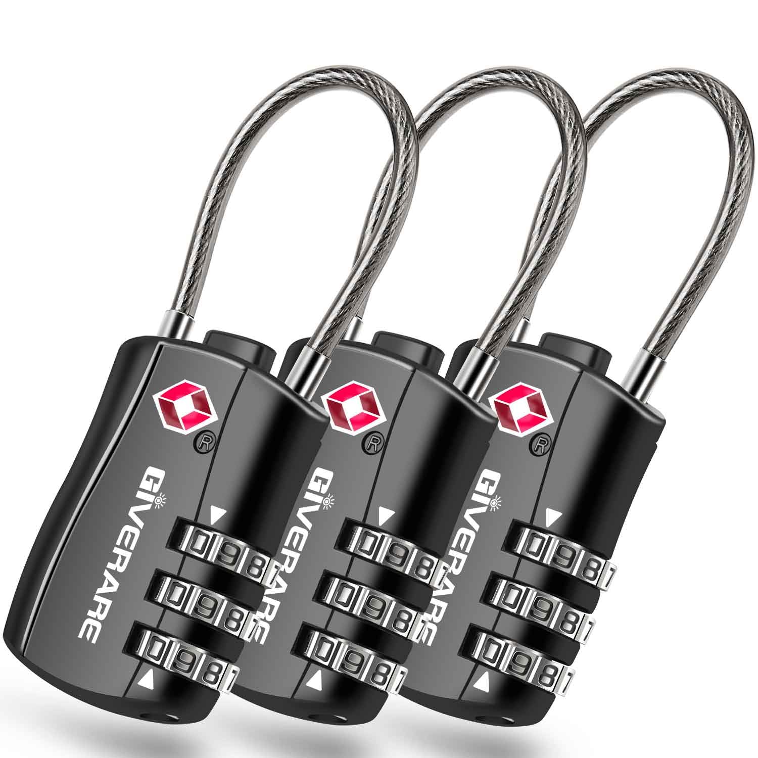3 Pack TSA Approved Luggage Locks, Combination Travel Cable Padlocks, Re-settable 3-Digit Lock, Weatherproof Keyless Padlock for Gym Locker, Golf Bag Case, Backpack, Gate, Hasp-Black