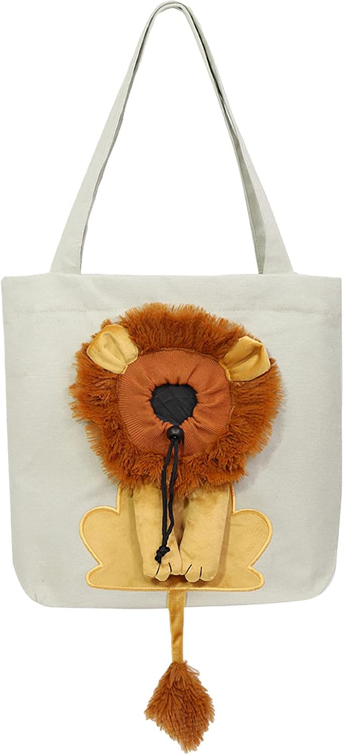 Dog Tote Bag with Zipper Cat Shoulder Carrier Lion-Shaped Pet Canvas Bag for Daily Use Walking Travel (L, Light Grey)