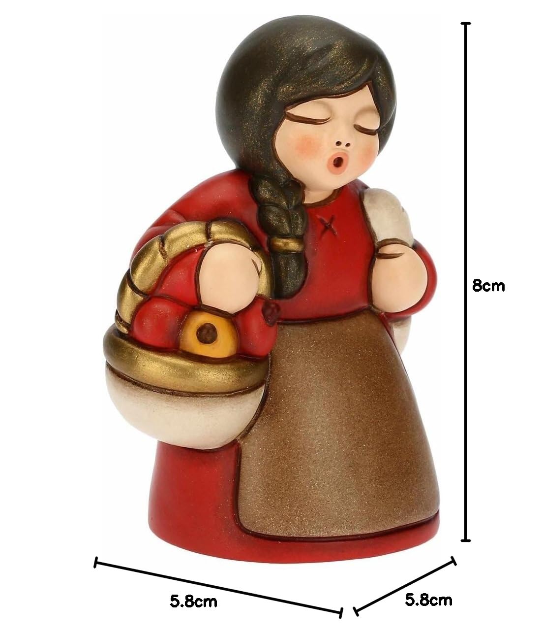 THUN - Presepe 2022 - Statuina Presepe Donna al Mercato in Ceramica Decorata a Mano, Versione Vestito Rosso - Linea Presepe Classico - 5,8x5x8 cm h